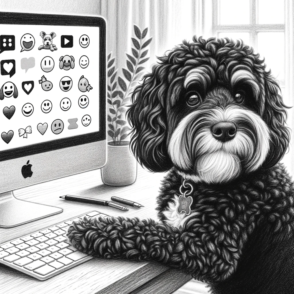 black cavoodle drawing at a pc with emojis