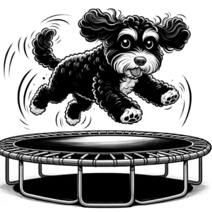 cavoodle jumping on a trampoline