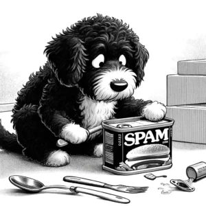cavoodle with can of spam