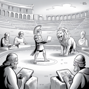 A monochromatic cartoon depicts a scene set in an ancient Roman amphitheater. A Roman soldier in full armor stands in the arena, holding an open book with a seriously focused expression. A large, roaring lion stands in front of him, also looking at the book. Surrounding the arena are spectators seated on benches, all deeply engrossed in reading books or scrolls. The background features the classic architecture of an ancient amphitheater with arches and high walls. The cartoon combines elements of ancient Roman culture with a humorous twist on reading and education.