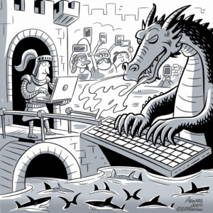 A humorous black and white cartoon depicts a medieval knight standing on a drawbridge connected to a castle, using a laptop. In front of the knight, a large dragon spews liquid onto a large keyboard. The scene includes an audience of onlookers in modern clothing taking photos with their smartphones. Below the drawbridge, several sharks swim in the moat. The image is signed by the artist in the bottom corner.