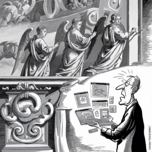 A black-and-white image is divided into two sections. The top section depicts three angels with wings, dressed in traditional gowns, working on fresco-style wall art. The bottom section shows a modern man in glasses, looking shocked and confused while holding a cluttered laptop. Several graphical user interfaces with images and diagrams float around him. The juxtaposition suggests a contrast between classical art and modern technology.