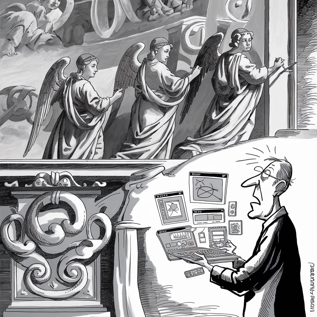 A black-and-white image is divided into two sections. The top section depicts three angels with wings, dressed in traditional gowns, working on fresco-style wall art. The bottom section shows a modern man in glasses, looking shocked and confused while holding a cluttered laptop. Several graphical user interfaces with images and diagrams float around him. The juxtaposition suggests a contrast between classical art and modern technology.
