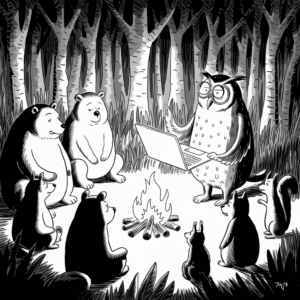 A black-and-white cartoon depicts a nighttime forest scene with an owl and several other woodland animals gathered in a circle around a campfire. The owl, standing on two legs, is holding a laptop and appears to be reading or showing something on it to the group. The animals, which include bears and squirrels, are seated attentively, looking towards the owl. The surrounding trees create a dense forest backdrop.