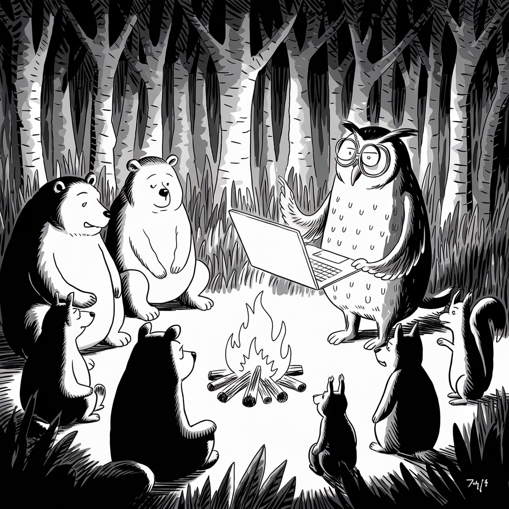 A black-and-white cartoon depicts a nighttime forest scene with an owl and several other woodland animals gathered in a circle around a campfire. The owl, standing on two legs, is holding a laptop and appears to be reading or showing something on it to the group. The animals, which include bears and squirrels, are seated attentively, looking towards the owl. The surrounding trees create a dense forest backdrop.