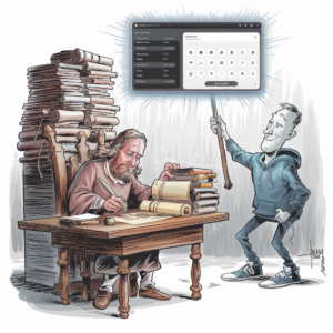 A cartoon illustration shows an anachronistic scene blending historical and modern elements. On the left, a bearded man in medieval attire sits at a wooden desk, writing on scrolls with quill and ink. There are stacks of scrolls piled high around him. On the right, a modern man in a hoodie and sneakers stands holding a large pointer stick, smiling at the medieval scribe. Above them, a large, glowing interface of a modern file or folder system hovers, depicting digital icons and options. The image humorously contrasts the old-fashioned method of record-keeping with contemporary digital solutions.