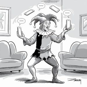 A black-and-white illustration shows a jester holding two smartphones, one in each hand, while standing between two couches in a living room. The jester has a joyful expression on his face and is wearing a traditional fool's costume, complete with a hat with bells. Above the jester's head, several more smartphones with speech bubbles containing ellipses float around, suggesting ongoing conversations or notifications. The scene conveys a humorous juxtaposition of medieval and modern technology.
