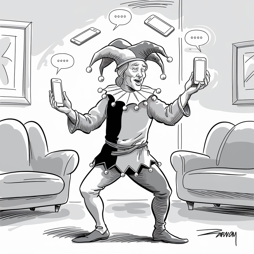 A black-and-white illustration shows a jester holding two smartphones, one in each hand, while standing between two couches in a living room. The jester has a joyful expression on his face and is wearing a traditional fool's costume, complete with a hat with bells. Above the jester's head, several more smartphones with speech bubbles containing ellipses float around, suggesting ongoing conversations or notifications. The scene conveys a humorous juxtaposition of medieval and modern technology.