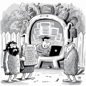 A black-and-white cartoon shows two cavemen standing in front of a modern computer setup inside a tree-like structure. The cavemen, both dressed in primitive attire, appear confused; one is holding a stone tablet with scribbled writing. Behind a desk inside the structure, a man wearing modern clothing works on a laptop, looking shocked by the cavemen's presence. The setup features various electronic devices and screens attached to the tree-like frame, creating a stark contrast between the ancient and modern worlds.
