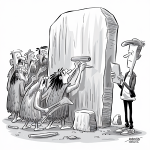 A black and white cartoon depicts a group of cave dwellers engraved into a large stone slab using primitive tools. They look amazed and confused as they observe a modern man wearing contemporary clothes and holding a tablet, seemingly unimpressed. The juxtaposition highlights the contrast between ancient and modern methods of communication.