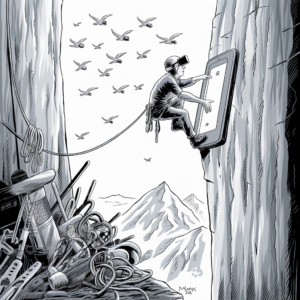 A black and white illustration features a climber scaling a vertical cliff, but instead of gripping the rock, the climber is using his hands and feet to navigate around a large, vertical smartphone embedded into the cliff face. The climber is wearing a virtual reality headset. There are several birds flying in the background, and the mountains with snowy peaks can be seen off in the distance. At the base of the cliff, traditional climbing gear like ropes, carabiners, and ice axes are scattered, seemingly discarded and unused. The illustration emphasizes the contrast between modern technology and traditional outdoor activities.