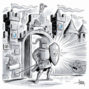 A monochrome cartoon illustration depicts a knight standing in front of a castle gate, holding a shield and a sword. The shield is emitting a bright light as it blocks an attack from a small, angry creature approaching from the right. The castle is adorned with various social media icons, such as Twitter, Instagram, and an envelope symbol, representing email. The castle walls and towers are detailed and include flags waving at the top. Another small, mischievous creature peeks out from behind the gate, holding a scroll. The illustration conveys a sense of protection and defense, possibly symbolizing cybersecurity or guarding against online threats.