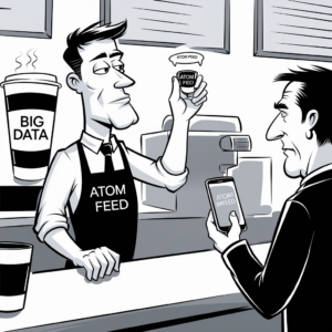 A black-and-white, cartoon-style illustration depicts a coffee shop barista behind the counter, wearing an apron labeled "ATOM FEED." The barista is holding a small coffee cup also labeled "ATOM FEED" while showing it to a customer. The customer is holding a smartphone displaying "ATOM SWIPE." Behind the barista, there is a larger coffee cup with the text "BIG DATA" on it. The illustration humorously contrasts the concepts of small, digestible information (ATOM FEED), large amounts of information (BIG DATA), and mobile interfacing (ATOM SWIPE).