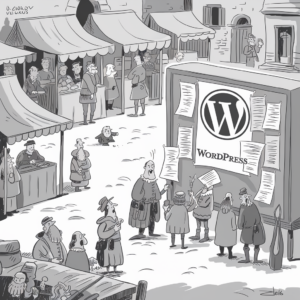 Illustrated image of a medieval market scene where vendors are selling goods at stalls. In the foreground, a large bulletin board displays the WordPress logo with numerous sheets of paper attached to it. Several people dressed in medieval clothing gather around, reading the notices on the board. The setting is in grayscale, giving it a classic comic strip feel.