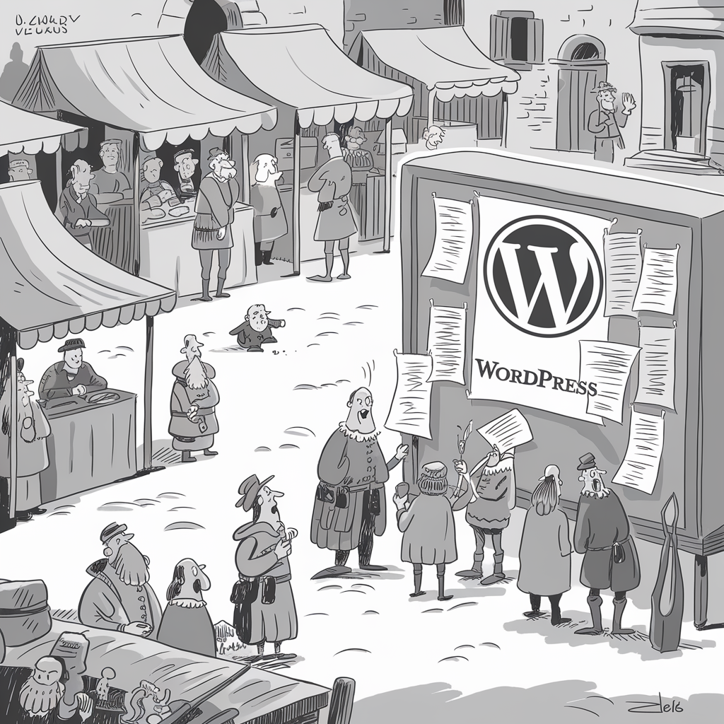 Illustrated image of a medieval market scene where vendors are selling goods at stalls. In the foreground, a large bulletin board displays the WordPress logo with numerous sheets of paper attached to it. Several people dressed in medieval clothing gather around, reading the notices on the board. The setting is in grayscale, giving it a classic comic strip feel.