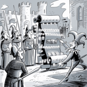 A black and white cartoon illustration depicts a medieval scene with knights and a jester. The jester, dressed in typical attire with a belled hat, is presenting a large, ornate slot machine to a group of knights. The slot machine is decorated with lights and various controls. The knights, wearing armor and helmets with plumes, are holding spears and looking curiously at the machine. Behind them, castle towers can be seen in the background. The overall scene blends medieval and modern elements humorously.