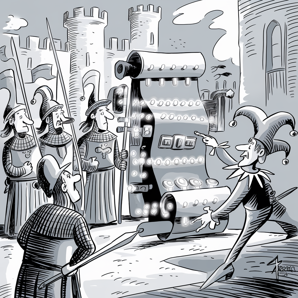 A black and white cartoon illustration depicts a medieval scene with knights and a jester. The jester, dressed in typical attire with a belled hat, is presenting a large, ornate slot machine to a group of knights. The slot machine is decorated with lights and various controls. The knights, wearing armor and helmets with plumes, are holding spears and looking curiously at the machine. Behind them, castle towers can be seen in the background. The overall scene blends medieval and modern elements humorously.