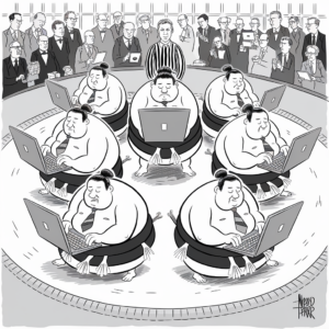 A black and white illustration depicts six sumo wrestlers wearing mawashi (traditional belts) and ties, sitting in a circular formation, each working on laptops. Around the circle, a group of formally dressed businessmen and women observe, many holding laptops, notepads, or briefcases. A referee dressed in a striped shirt stands in the middle, overseeing the wrestlers. The setting resembles a competitive workplace environment merged with a sumo wrestling ring.