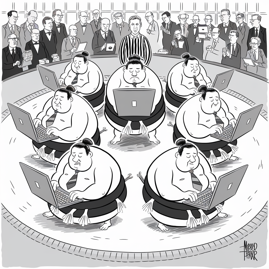 A black and white illustration depicts six sumo wrestlers wearing mawashi (traditional belts) and ties, sitting in a circular formation, each working on laptops. Around the circle, a group of formally dressed businessmen and women observe, many holding laptops, notepads, or briefcases. A referee dressed in a striped shirt stands in the middle, overseeing the wrestlers. The setting resembles a competitive workplace environment merged with a sumo wrestling ring.