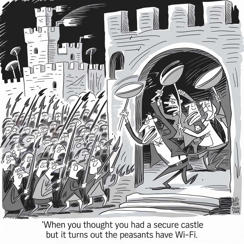 A cartoon image depicts a group of peasants holding spears and smartphones outside a medieval castle. They are approaching the castle gate aggressively while guards inside the castle look startled and hold frying pans as if ready to defend themselves. The caption at the bottom reads, "When you thought you had a secure castle but it turns out the peasants have Wi-Fi."