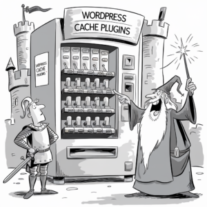 A comic-style illustration depicts a scene with a medieval knight and a wizard standing in front of a large vending machine labeled "WordPress Cache Plugins." The vending machine is filled with various plugins. The knight appears puzzled, while the wizard is smiling broadly and pointing at the vending machine with a magical wand. A castle tower is visible in the background, enhancing the medieval theme.