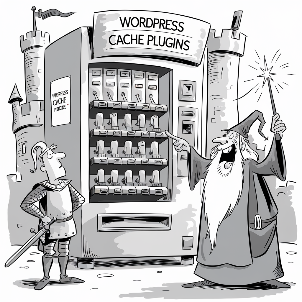 A comic-style illustration depicts a scene with a medieval knight and a wizard standing in front of a large vending machine labeled "WordPress Cache Plugins." The vending machine is filled with various plugins. The knight appears puzzled, while the wizard is smiling broadly and pointing at the vending machine with a magical wand. A castle tower is visible in the background, enhancing the medieval theme.