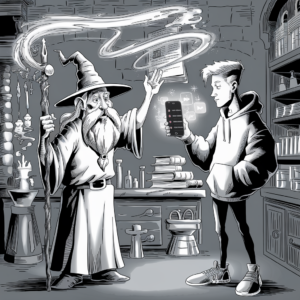 A black-and-white illustration depicts an interaction between a wizard and a modern-day teenager. The wizard, with a long beard, hat, and robes, is holding a staff and waving his hand to create magical symbols in the air. The teenager, dressed in a hoodie and sneakers, is holding a smartphone with social media icons glowing on the screen. They are in a room filled with books, potions, and mystical items, representing a blend of ancient magic and modern technology.
