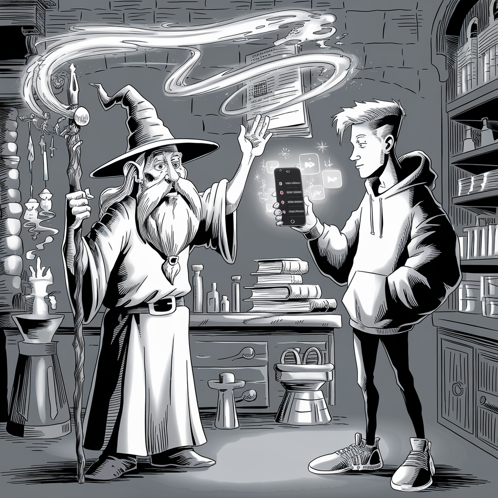 A black-and-white illustration depicts an interaction between a wizard and a modern-day teenager. The wizard, with a long beard, hat, and robes, is holding a staff and waving his hand to create magical symbols in the air. The teenager, dressed in a hoodie and sneakers, is holding a smartphone with social media icons glowing on the screen. They are in a room filled with books, potions, and mystical items, representing a blend of ancient magic and modern technology.