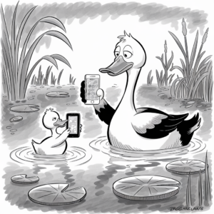 A cartoon illustration shows two ducks standing in a pond with lily pads and tall grasses in the background. The larger duck is holding a smartphone, and the smaller duck is also holding a smartphone while looking at the screen of the larger duck's phone. The scene humorously depicts the ducks engaging with technology.