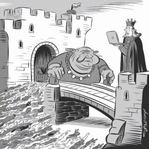 A cartoon depicts a knight standing on top of a castle wall, peering into a laptop. Below, a large, grumpy-looking troll guards a bridge leading into the castle. The bridge is overrun with a swarm of rats flowing like water towards the open castle gate. The troll, adorned with a necklace, leans nonchalantly against the bridge's side, while the rats scurry underneath and around him.
