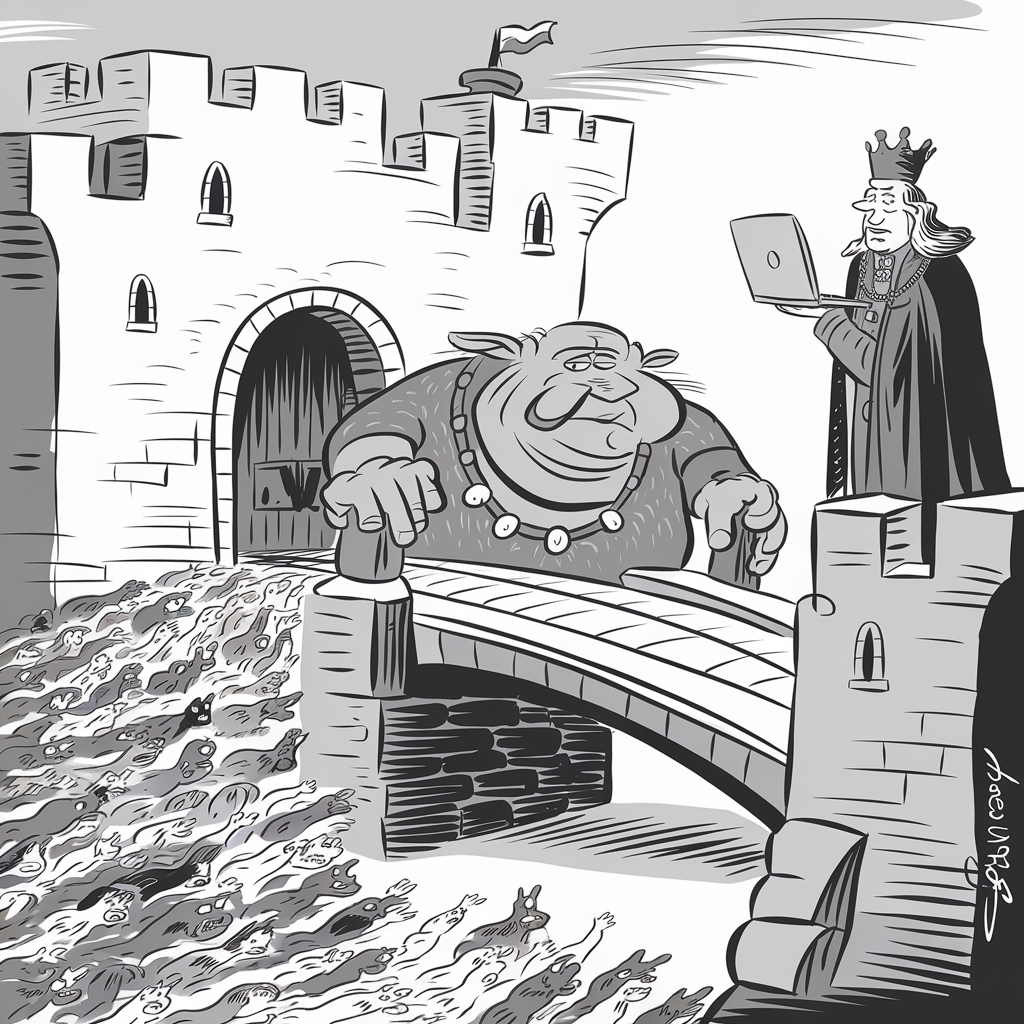 A cartoon depicts a knight standing on top of a castle wall, peering into a laptop. Below, a large, grumpy-looking troll guards a bridge leading into the castle. The bridge is overrun with a swarm of rats flowing like water towards the open castle gate. The troll, adorned with a necklace, leans nonchalantly against the bridge's side, while the rats scurry underneath and around him.