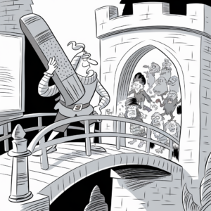 A cartoon knight stands on a bridge connected to a castle, holding a giant pencil on his shoulder. A group of comically angry, hairy creatures are inside the castle, looking out through an arched doorway at the knight. The scene is depicted in black and white with exaggerated, humorous expressions on the characters' faces.