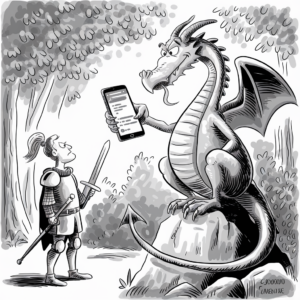 A black and white cartoon drawing depicts a knight and a dragon in a forest. The dragon is sitting on a rock and using a smartphone, showing it to the knight, whose sword is drawn but hanging loosely at her side. The dragon appears to be calmly focused on the phone, while the knight looks up at the dragon with a puzzled expression. The scene combines medieval and modern elements humorously, illustrating a moment of unexpected technology in a fantasy setting.