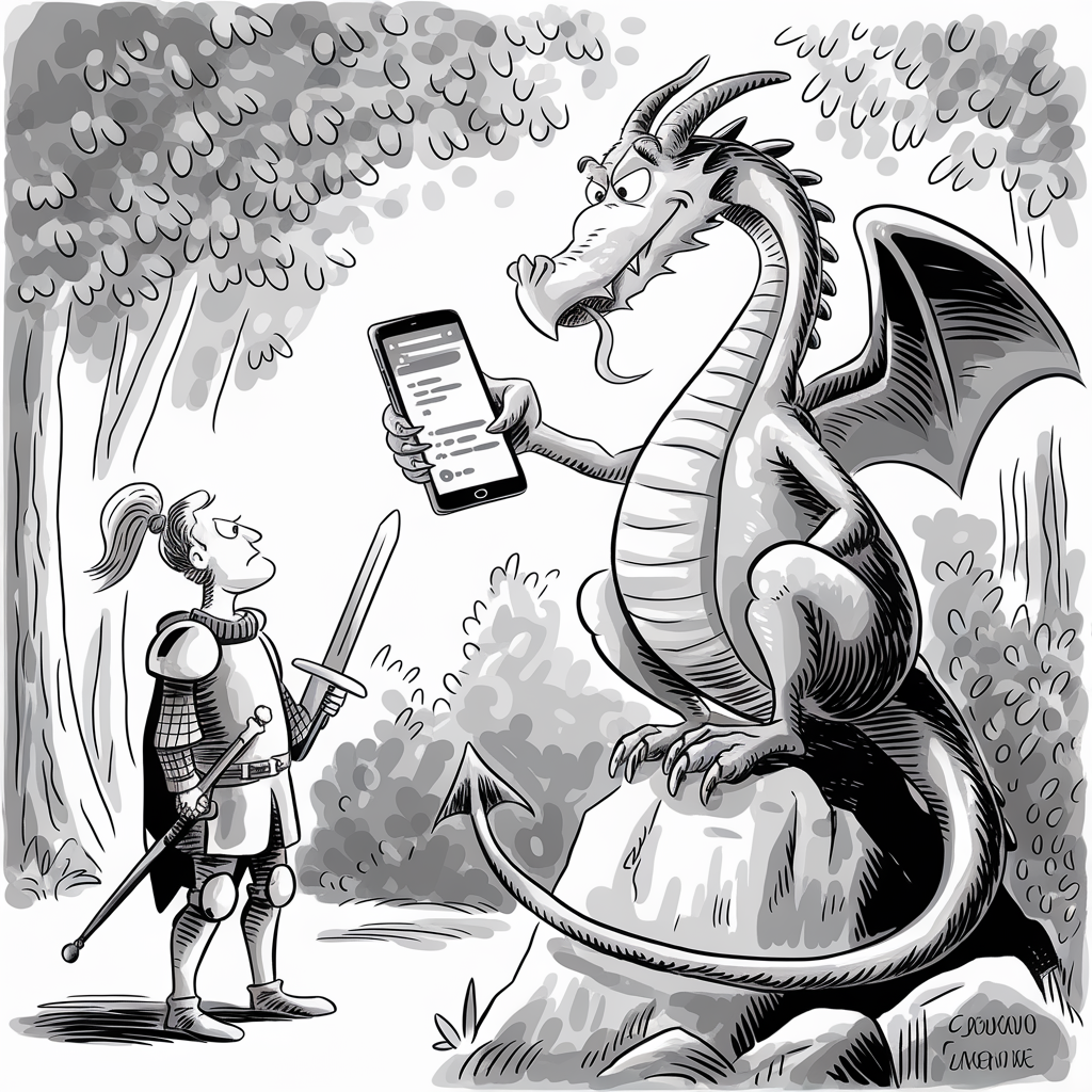 A black and white cartoon drawing depicts a knight and a dragon in a forest. The dragon is sitting on a rock and using a smartphone, showing it to the knight, whose sword is drawn but hanging loosely at her side. The dragon appears to be calmly focused on the phone, while the knight looks up at the dragon with a puzzled expression. The scene combines medieval and modern elements humorously, illustrating a moment of unexpected technology in a fantasy setting.