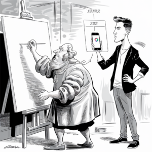 A black and white illustration depicts an artist from the Renaissance era painting on a large canvas. The artist, dressed in traditional period clothing with puffy sleeves and a beard, concentrates on his work as he uses a brush. Behind him, a modern young man dressed in contemporary clothing holds up a smartphone displaying an app; the app appears to show a color palette. The young man looks on with a confident expression. Numbers such as "17222" and "222" hover above the smartphone. The image contrasts traditional and modern approaches to art and technology.
