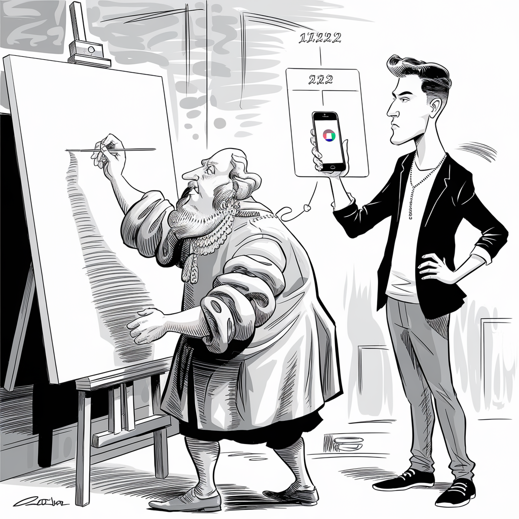 A black and white illustration depicts an artist from the Renaissance era painting on a large canvas. The artist, dressed in traditional period clothing with puffy sleeves and a beard, concentrates on his work as he uses a brush. Behind him, a modern young man dressed in contemporary clothing holds up a smartphone displaying an app; the app appears to show a color palette. The young man looks on with a confident expression. Numbers such as "17222" and "222" hover above the smartphone. The image contrasts traditional and modern approaches to art and technology.