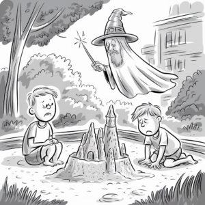 A black and white illustration depicting two boys kneeling and looking sad in front of a sandcastle. Above them, a wizard in a hat with a long beard and robe floats in the air, holding a wand. The background shows a park setting with trees and a building.