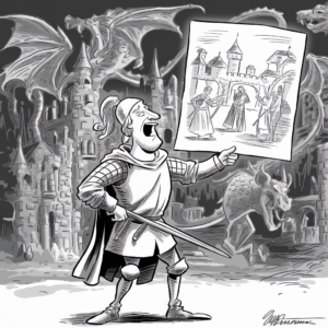 A medieval knight is depicted in a black-and-white cartoon style, standing before a castle and holding up a sketch of people in medieval attire. The knight appears to be shouting or singing, with a dragon looming menacingly in the background. The scene is detailed and dramatic, highlighting the knight’s expressive pose and the intricate design of the castle and dragon.