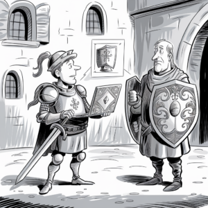 A black and white illustration depicts two men in medieval armor standing in a castle courtyard. The younger man on the left, wearing a helmet with a plume, holds a book and points at a picture of a shield on the wall. The older man on the right, with a serious expression, holds a large, ornate shield that resembles the one in the picture. Several arched windows and a doorway can be seen in the background.
