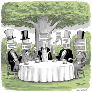 A black and white cartoon depicts five people dressed in formal attire with screens for heads, sitting around a table set for tea under a large tree. Each screen displays social media-like interfaces with text boxes, comments, and icons. The scene combines elements of Victorian-era fashion with modern technology, illustrating a satirical take on social media and digital communication. The background shows lush greenery with leaves and branches of the tree spreading above the group. The image carries the signature "PEASE" and is published by The New Yorker.