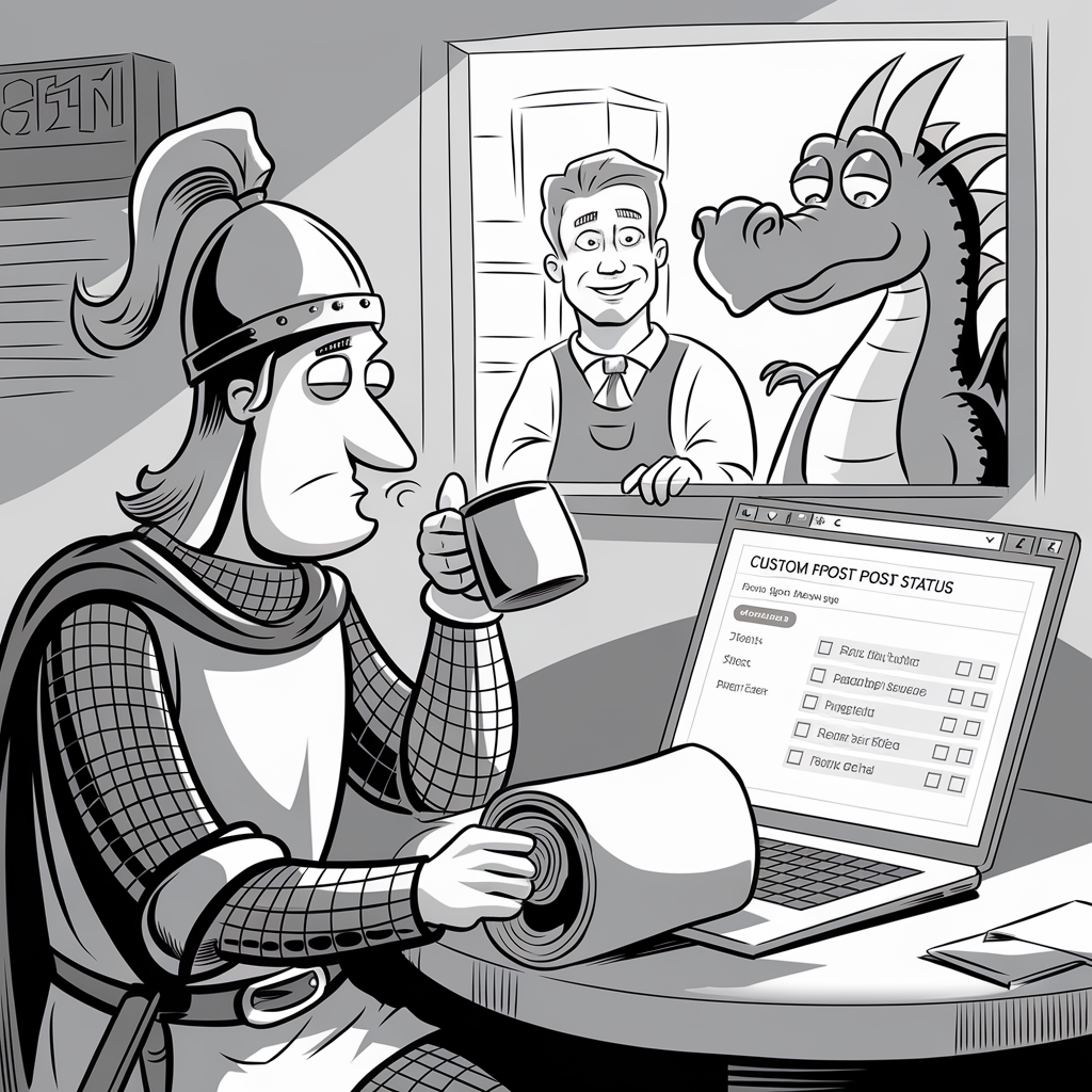 A grayscale cartoon image depicting a medieval knight seated at a table, holding a mug and a scroll. The knight is looking at a laptop screen displaying a "CUSTOM POST STATUS" page. Behind the knight, a window reveals a smiling man and a friendly dragon looking in. The scene combines elements of medieval fantasy with modern technology.