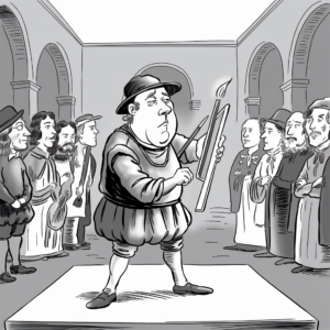 A black-and-white illustration of a solemn man in medieval attire, holding a large candle and a book or scroll. He stands on a raised platform, apparently addressing a group of equally serious-looking individuals, who are lined up around him. The setting appears to be an arched hallway or courtyard, with stone columns and high ceilings. The figures wear a variety of period clothing, including hats and robes. The overall mood of the scene is formal and historical.