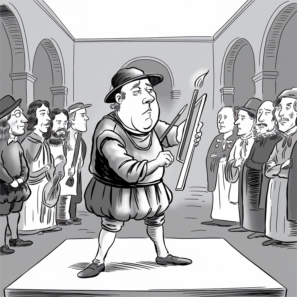 A black-and-white illustration of a solemn man in medieval attire, holding a large candle and a book or scroll. He stands on a raised platform, apparently addressing a group of equally serious-looking individuals, who are lined up around him. The setting appears to be an arched hallway or courtyard, with stone columns and high ceilings. The figures wear a variety of period clothing, including hats and robes. The overall mood of the scene is formal and historical.