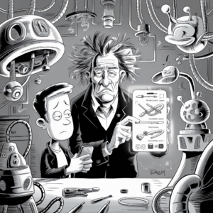 A black and white cartoon depicts a disheveled scientist with wild hair and a younger person in a laboratory filled with various quirky machinery and equipment. The scientist is holding a large smartphone or tablet displaying a schematic of some futuristic devices, while the younger person looks on with a puzzled expression. The background is filled with pipes, robotic arms, and other peculiar scientific apparatuses, adding to the chaotic and humorous environment.