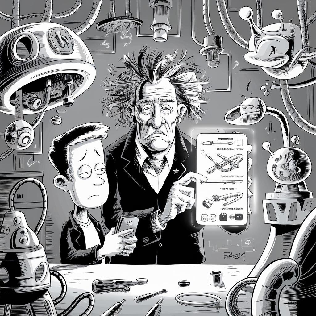 A black and white cartoon depicts a disheveled scientist with wild hair and a younger person in a laboratory filled with various quirky machinery and equipment. The scientist is holding a large smartphone or tablet displaying a schematic of some futuristic devices, while the younger person looks on with a puzzled expression. The background is filled with pipes, robotic arms, and other peculiar scientific apparatuses, adding to the chaotic and humorous environment.