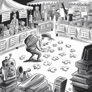A black and white illustration of a person wearing a cap and backpack, crouching while closely examining puzzle pieces scattered on the ground. Surrounding the individual are various market stalls displaying a variety of goods like electronic components, books, and machinery parts. A large, vintage robot is visible in the foreground, and several vendors, as well as a couple of other people, are present in the background amid the market setup. The scene is busy and has a whimsical, slightly chaotic atmosphere.