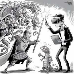 A black and white illustration shows a medieval knight wielding a sword and shield as he faces a multi-headed hydra. The hydra has several snake-like heads, each snarling at the knight. To the right, a contemporary man in a tuxedo and virtual reality headset holds a lit wand and a tablet. A small, anthropomorphic gecko stands between the knight and the man, looking up at the knight with a comical expression. The scene blends elements of fantasy and modern technology, creating a striking contrast.