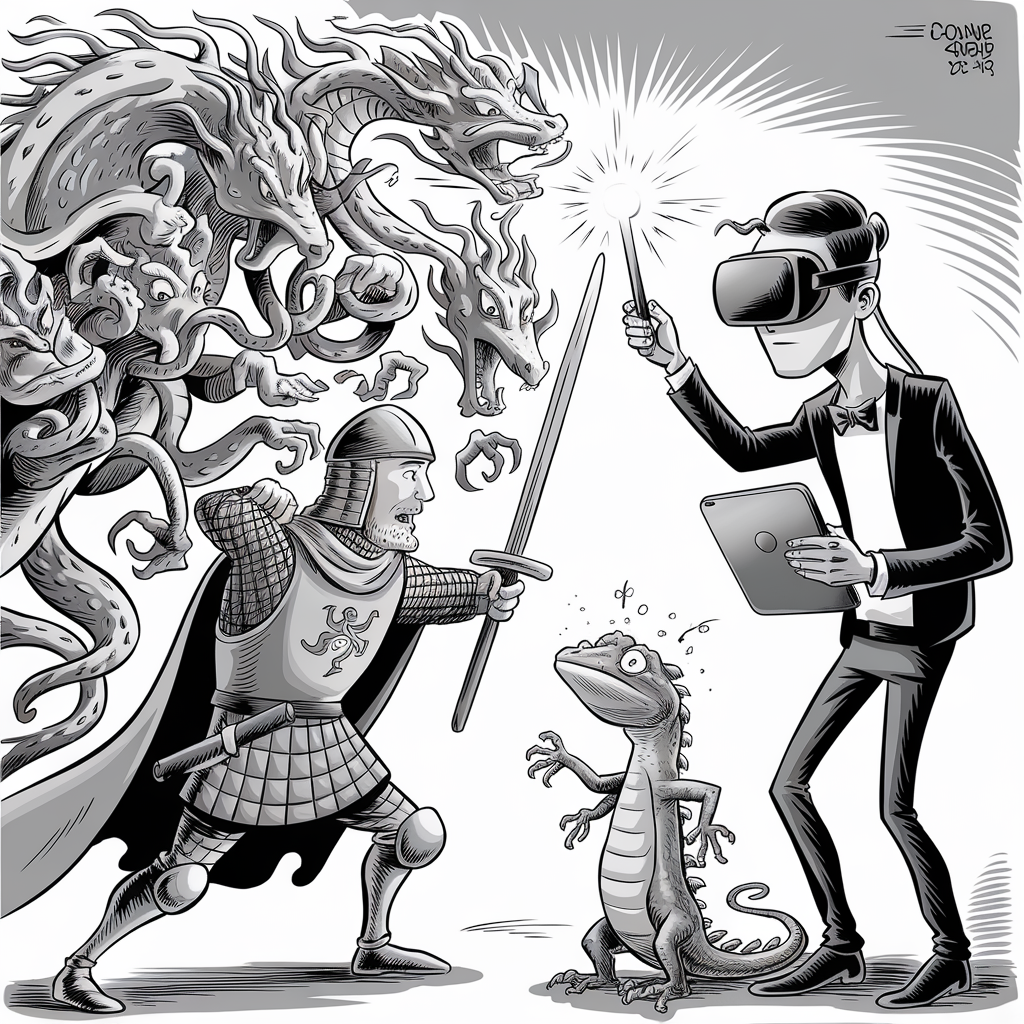 A black and white illustration shows a medieval knight wielding a sword and shield as he faces a multi-headed hydra. The hydra has several snake-like heads, each snarling at the knight. To the right, a contemporary man in a tuxedo and virtual reality headset holds a lit wand and a tablet. A small, anthropomorphic gecko stands between the knight and the man, looking up at the knight with a comical expression. The scene blends elements of fantasy and modern technology, creating a striking contrast.