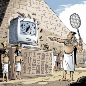 A humorous illustration depicting an ancient Egyptian scene with a twist. In front of a pyramid, several figures dressed in traditional Egyptian attire are gathered around an old computer that is infested with bugs crawling on and around the screen. One of the figures, who appears to be a leader, is pointing at the computer while holding a fly swatter. Hieroglyphs are etched on a stone surface near the base of the computer. The scene combines ancient Egyptian elements with modern technology to create a comedic effect.