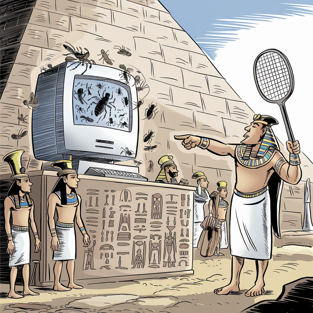 A humorous illustration depicting an ancient Egyptian scene with a twist. In front of a pyramid, several figures dressed in traditional Egyptian attire are gathered around an old computer that is infested with bugs crawling on and around the screen. One of the figures, who appears to be a leader, is pointing at the computer while holding a fly swatter. Hieroglyphs are etched on a stone surface near the base of the computer. The scene combines ancient Egyptian elements with modern technology to create a comedic effect.